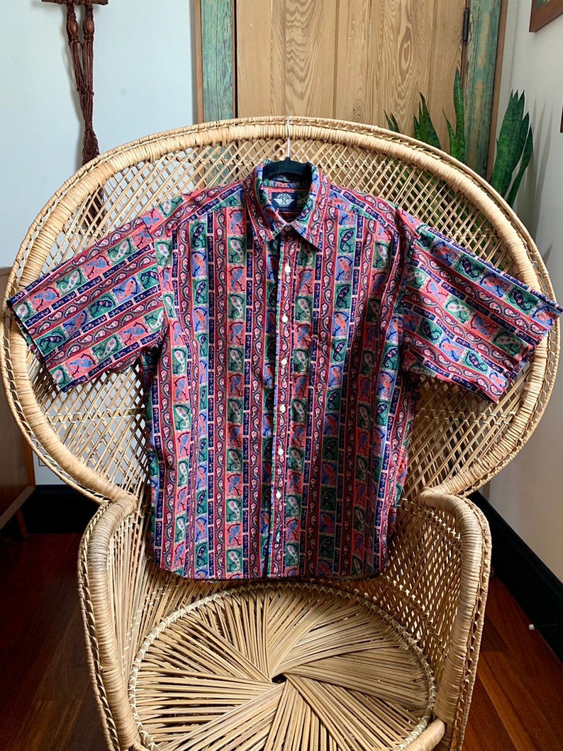 Vintage 1990\u2019s Dockers Muted Earth Tone Paisley Pattern Print Short Sleeve Button Up Shirt Size Medium
