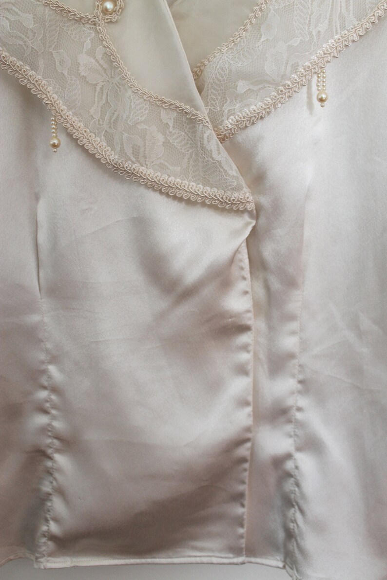 Vintage 1990/'s Cream Double Breasted Victorian Inspired Style Long Sleeve Top With Lace and Pearls Size M-L