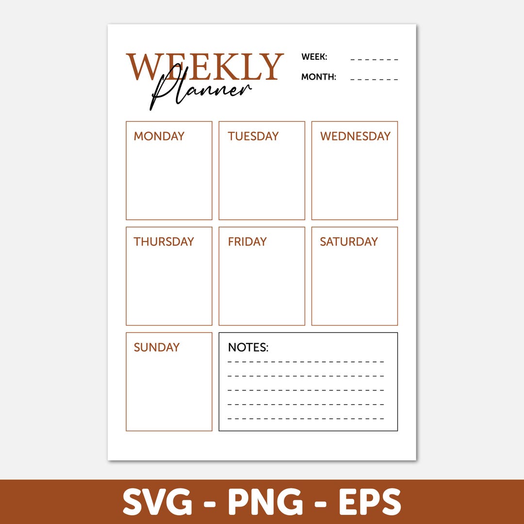 Blank Calendar SVG, Digital Weekly Calendar Vector, Digital Weekly ...