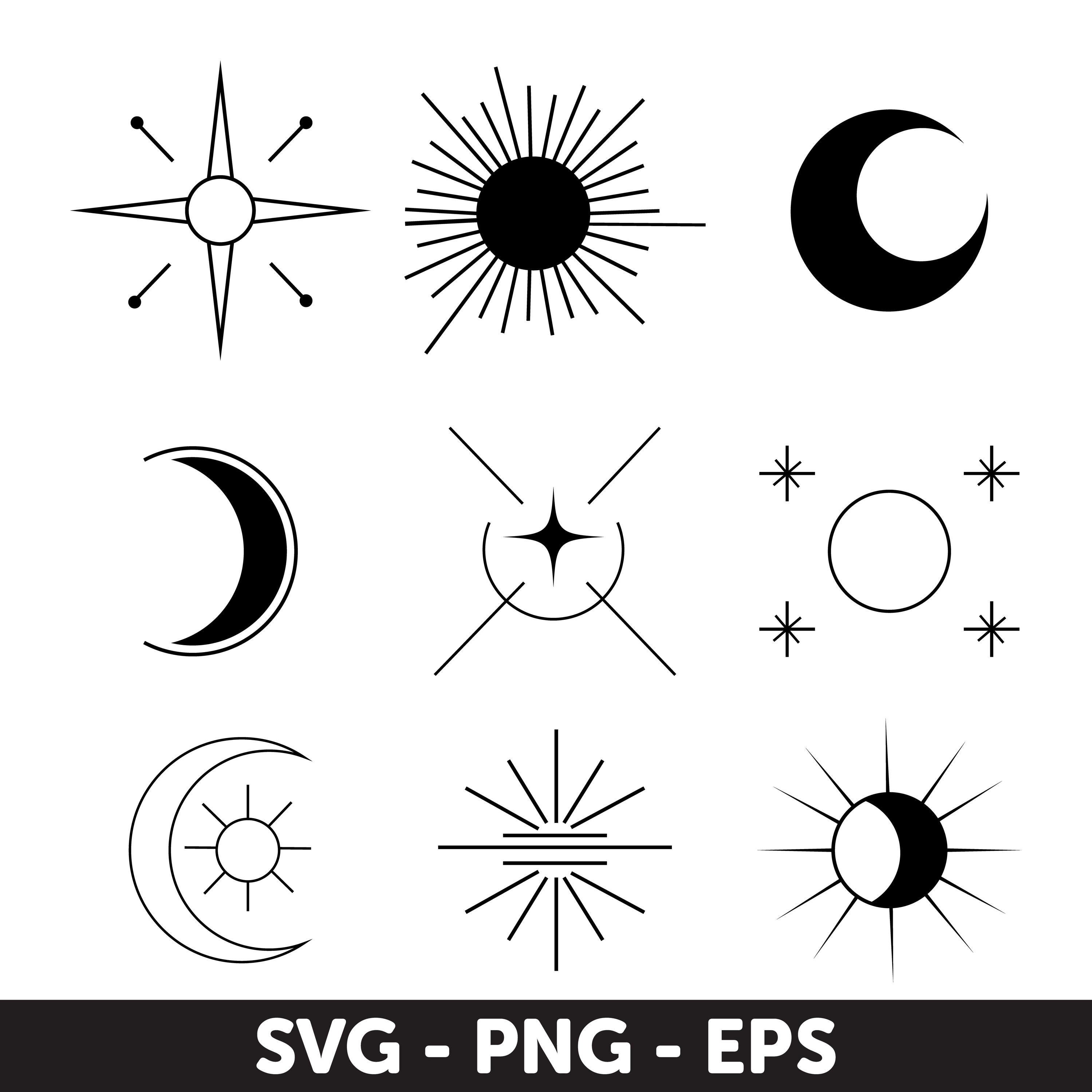 Celestial Sun and Moon Vector Icons Set - SVG, PNG, EPS - Cosmic Digital Clipart, Mystical Svg, Gothic Svg, Magic Svg