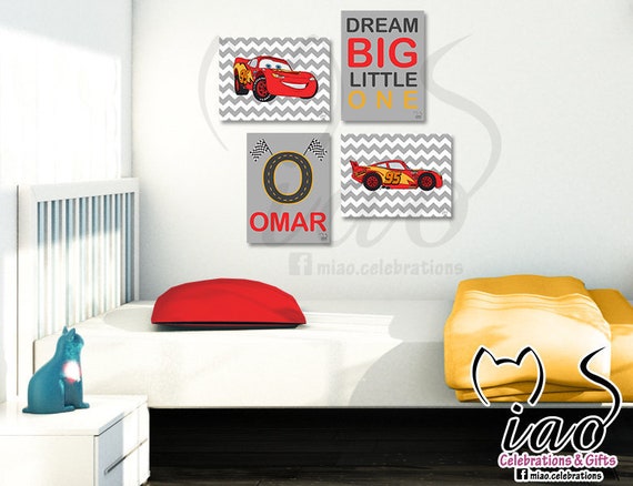 customized cars wall art set, cars movie posters, boys room decor, nursery  prints, red and gray, set of 4, instant download