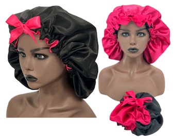 Wholesale Set of 10 | Satin Bonnets in Black & Hot Pink | White-Label (Blank/Ready to Label) Handmade USA Vendor | Adjustable