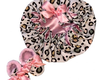 Baby Bonnet and Bootie Gift Set - Pink and White Leopard Print | Layette, Sleep Set, Baby Hair Care