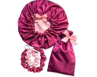 Premium Satin Bonnet Gift Set | Plum Purple and Pink | (Reversible & Adjustable)