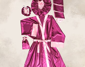 Luxury Slumber Set - Plum Purple/Pink (robe, bonnet, edge scarf, scrunchies, and gift bag)