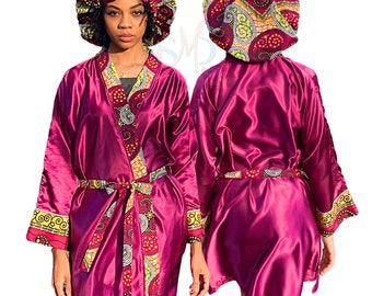 Luxury Robe and Bonnet Set - Ankara + Satin Plum/Gold