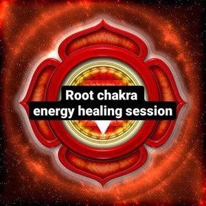 May include: A red and gold root chakra symbol with the text "Root chakra energy healing session" on a red and orange background.