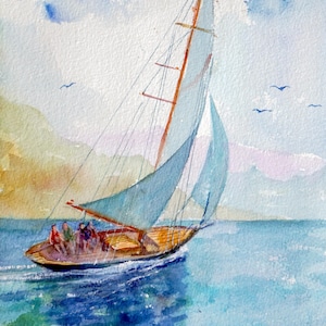 Freedom on the sea -  Original Watercolor Painting (Aquarell)  by Faruk Koksal - Signed -  FREE SHIPPING