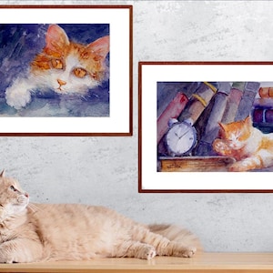 Set of Two Kittens Watercolor -  by Faruk Koksal  - Signed - Free Shiping