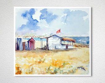 Quelque part en été, peinture aquarelle originale (aquarell) par Faruk Koksal - livraison gratuite - signée