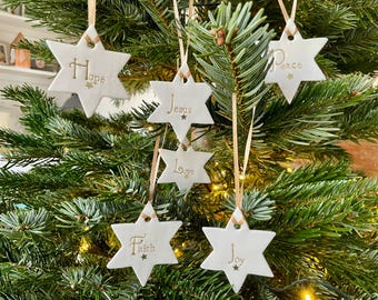 Peace, Joy, Love, Hope, Faith & Jesus Christmas star decorations - Set of six.