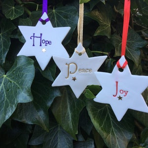 Peace, joy and hope Christmas star decorations - Set of three.