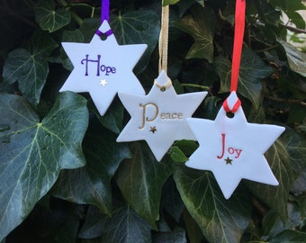 Peace, joy and hope Christmas star decorations - Set of three.