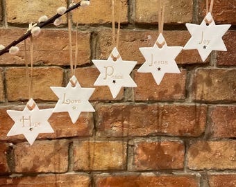 Peace, joy, love, hope & Jesus Christmas star decorations - Set of five.