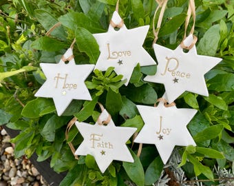 Peace, Joy, Love, Hope & Faith Christmas star decorations - Set of five.