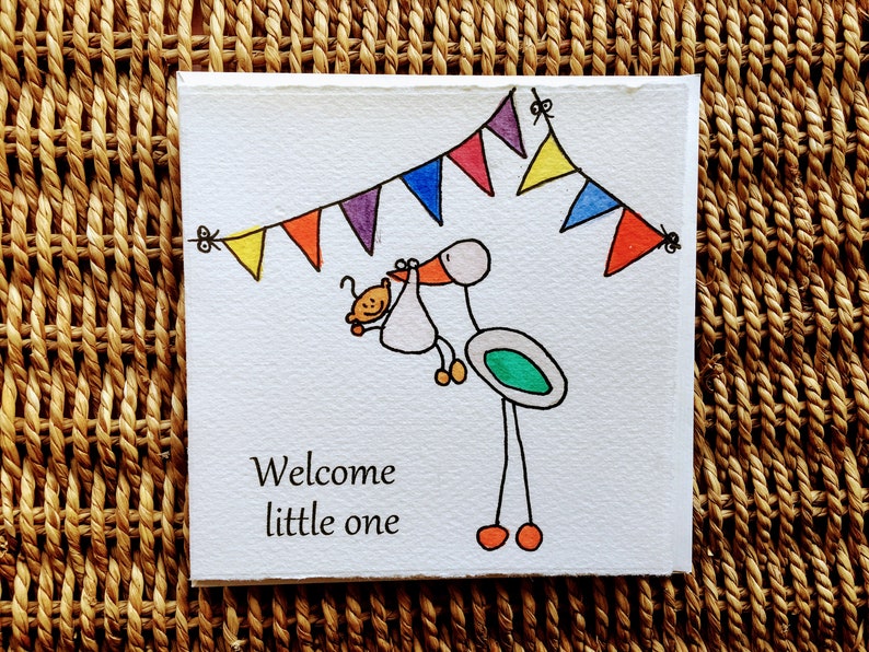 1 Hand made new baby card: Welcome little one. Dutch traditional stork design. image 1
