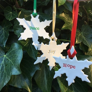 Joy, hope and peace Christmas snowflake decoration