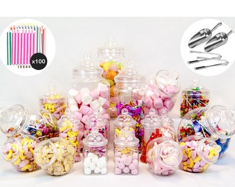 Candy Buffet Kunststoff Bonbongläser 19 Glas Kit Hochzeit Pick & Mix Süßtisch mit Schaufeln, Zange und Taschen in der Farbe Ihrer Wahl