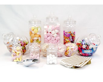 Candy Buffet 12 Glas Kit Hochzeit Pick & Mix Süßer Tisch mit Schaufel + Gold Taschen