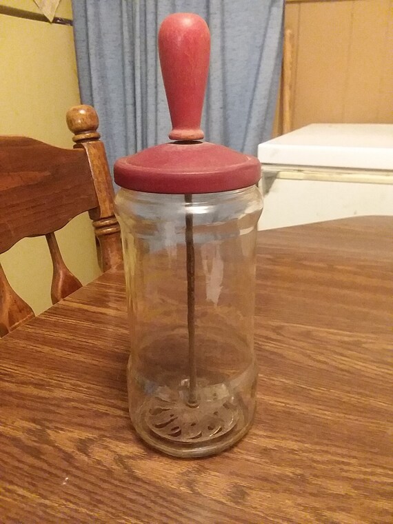 Vintage Kitchen Glass Jar Mixer Hand Mixer Red Wood Handle Etsy