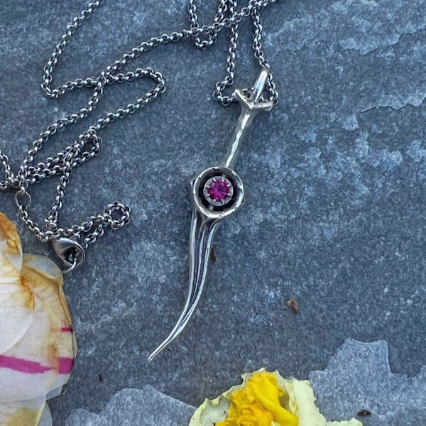 Bloodthirst Nether Stone Ruby Dagger, BG 3 Sterling Silver Necklace Jewelry, Gamer Art Pendant