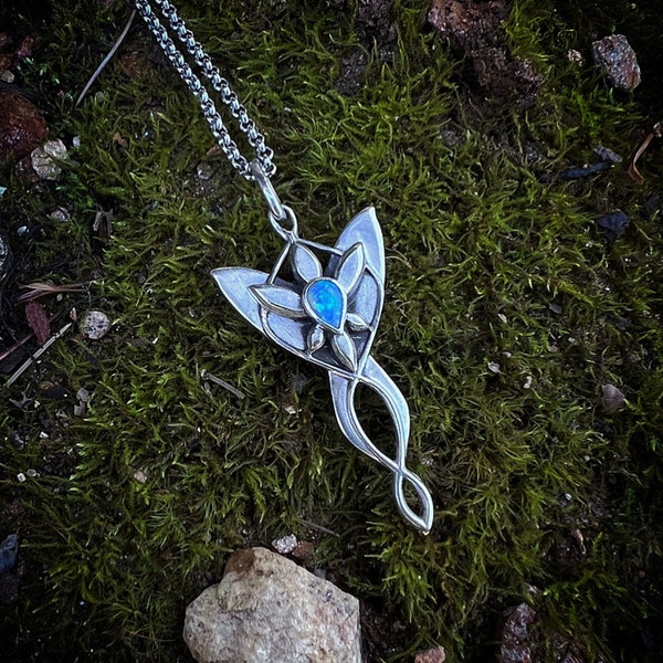 Elven Star Fantasy Opal Pendant, Mystical Silver Elf Jewelry with Gemstone