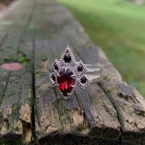 Vampire Jewelry Carmilla Styled Ring in 14k Gold or Sterling Silver, Gothic Fashion Made with Red Garnet and Black Spinel