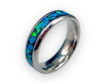 Cobalt Ring Band with Blue and Green Opal Inlay, Minimalist Gemstone Jewelry