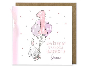 Personalised Girl's 1st Birthday Card, Happy 1st Birthday Card, Rabbit Card, One Card