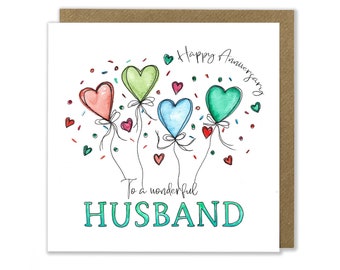 Husband Wedding Anniversary Greeting Card, Heart Balloon Card