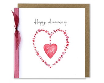 Personalised Anniversary Greeting Card, Watercolour Heart Card, Initials Card, Happy Anniversary