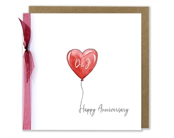 Personalised Anniversary Greeting Card, Watercolour Heart Balloon, Initials Card