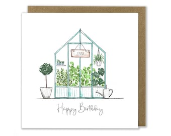 Personalised Greenhouse Birthday Card, Gardening Card, Watercolour Greeting Card