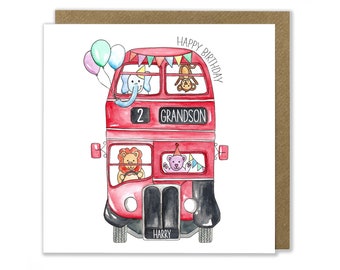 Personalised Party Bus Birthday Card, Children's Party Animals, Red Bus Card