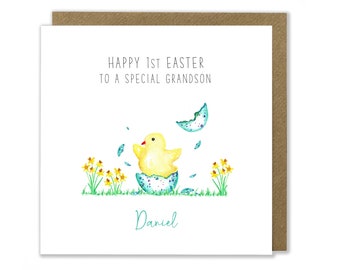 Personalised 1st Easter Card, Easter Chick Card, Easter Egg Card, Happy Easter Greeting Card, Watercolour Handmade Greeting Card