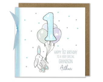 Personalised Baby Boy 1st Birthday Card, First Birthday Card, Bunny Birthday Card
