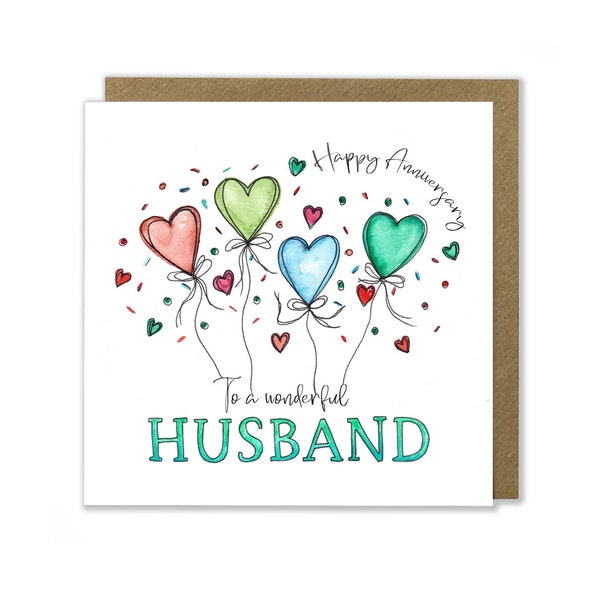 Husband Wedding Anniversary Greeting Card, Heart Balloon Card