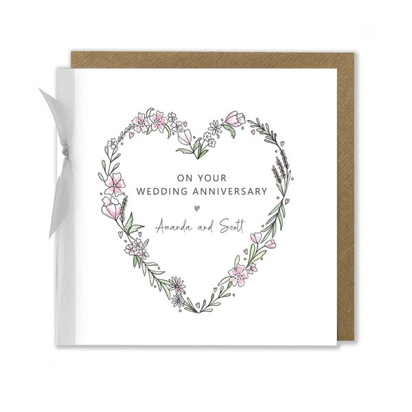 Personalised Anniversary Card, Wedding Anniversary Card, Flower Blossom Card, Heart Wreath, Congratulations Card