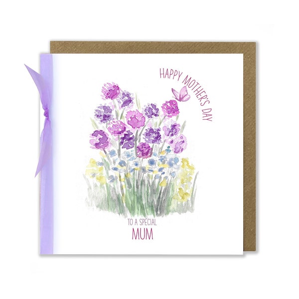 Mother's Day Card, Happy Mother's Day, Floral Card, Alliums, Mothering Sunday Card, Watercolour Handmade Greeting Card with Ribbon