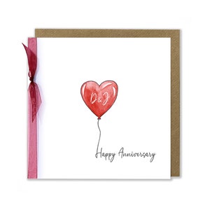 Personalised Anniversary Greeting Card, Watercolour Heart Balloon, Initials Card