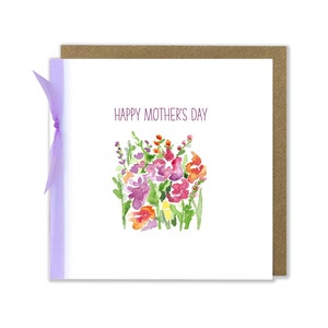 Wild Flower Mother's Day Card, Happy Mother's Day Card, Mothering Sunday Card, Watercolour Meadow Handmade Card with Ribbon