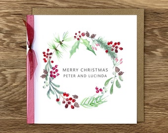 Personalised Christmas Wreath Greeting Card, Merry Christmas Card, Happy Christmas Greeting Card