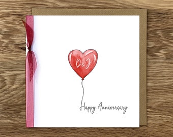 Personalised Anniversary Greeting Card, Watercolour Heart Balloon, Initials Card