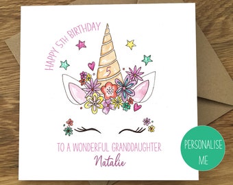 KIDS UNICORN BIRTHDAY CARDS PERSONALISED with any AGE RELATIONSHIP /& NAME