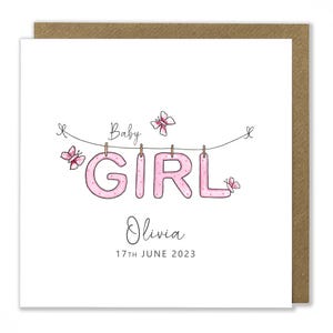 Carte personnalisée de bébé fille, carte de félicitations, carte de bébé fille, carte de nouveau bébé, carte de voeux aquarelle faite main