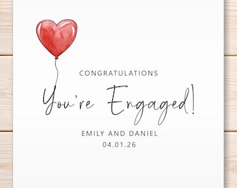 Personalised Engagement Card, You're Engaged, Congratulations On Your Engagement, Heart Balloon, Engagement Date