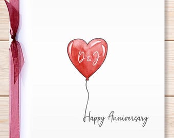 Tarjeta de felicitación de aniversario personalizada, globo de corazón de acuarela, tarjeta con iniciales