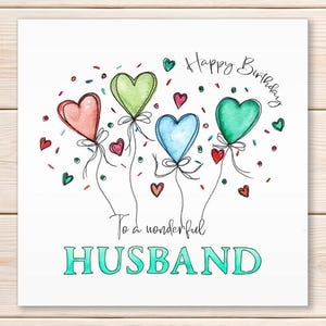 Husband Birthday Card, Heart Balloon Birthday Card, Happy Birthday Greeting Card