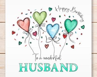 Husband Birthday Card, Heart Balloon Birthday Card, Happy Birthday Greeting Card