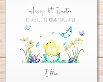 Personalised 1st Easter Card, Easter Chick Card, Easter Egg Card, Happy Easter Greeting Card, Watercolour Handmade Greeting Card